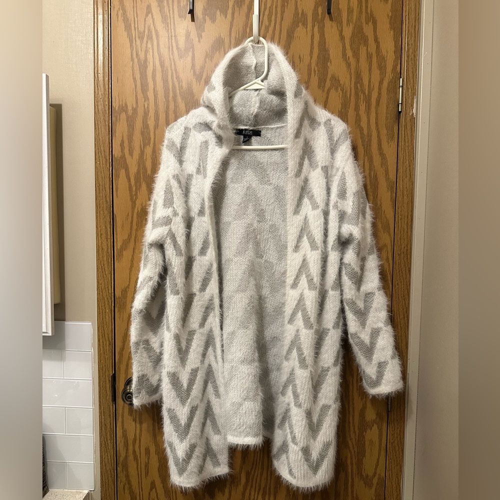 Fuzzy Chevron Hooded Cardigan